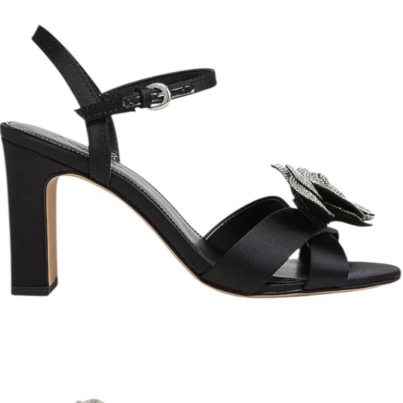 New in Box! J. Crew Black Rhinestone Rosette Satin Heels. Size 8. - Picture 3 of 12